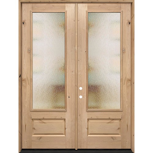 8'0" Tall Privacy Glass 3/4 Lite Knotty Alder Wood Double Door Unit 8'0" Tall Privacy Glass 3/4 Lite Knotty Alder Wood Double Door Unit