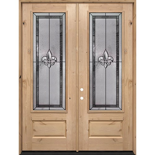 Fleur-de-lis 8'0" Tall 3/4 Lite Knotty Alder Wood Double Door Unit #84