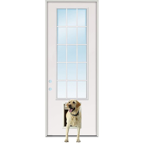 8'0" Tall 15-Lite Fiberglass Prehung Door Unit with Pet Door Installed