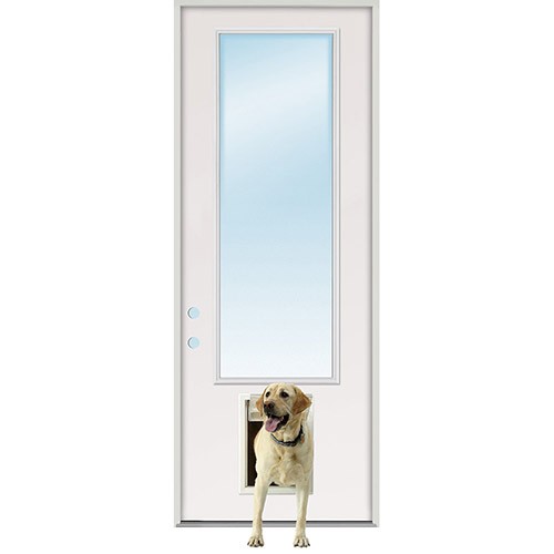 8'0" Tall Full Lite Fiberglass Prehung Door Unit with Pet Door Installed