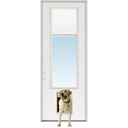 8'0" Tall Mini-blind Fiberglass Prehung Door Unit with Pet Door Installed