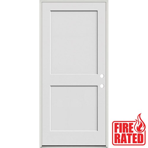 Fire Rated 6'8" Tall 2-Panel Shaker Primed Interior Prehung Wood Door Unit Fire Rated 6'8" Tall 2-Panel Shaker Primed Interior Prehung Wood Door Unit