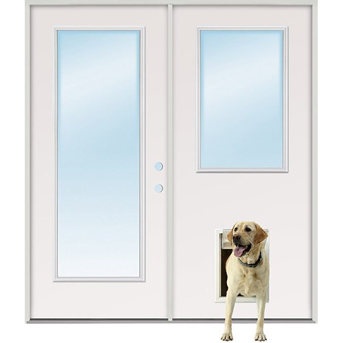Full/Half Lite Fiberglass Patio Prehung Double Door Unit with Pet Door Installed