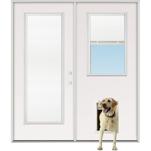 Mini-blind Full/Half Lite Fiberglass Patio Prehung Double Door Unit with Pet Door Installed