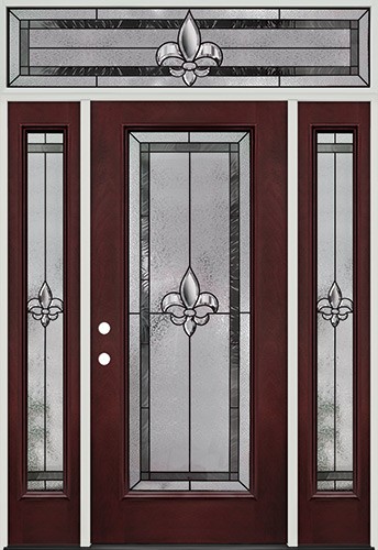 Fleur-de-lis Full Lite Pre-finished Mahogany Fiberglass Prehung Door Unit with Transom #84
