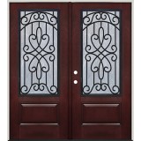 Pre-finished Mahogany Fiberglass Prehung Double Door Unit with Iron Grille #62