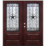Pre-finished Mahogany Fiberglass Prehung Double Door Unit with Star Iron Grille #75