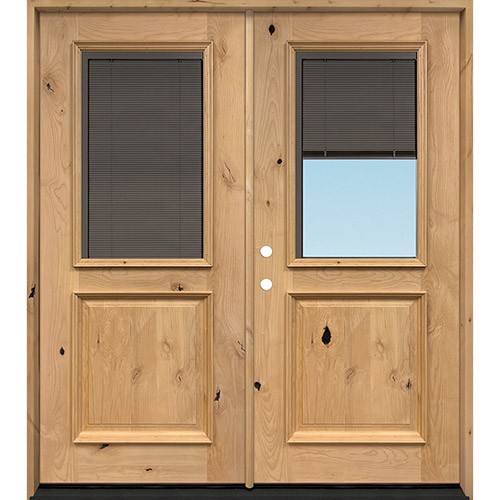 Slate Half Mini-blind Knotty Alder Wood Double Door Unit