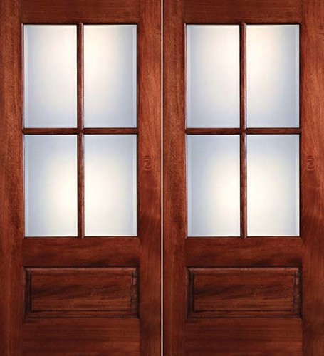 Preston 4-Lite Low-E 1-Panel Mahogany Prehung Wood Double Door Unit