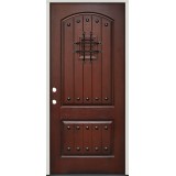 Rustic Pre-finished Mahogany Fiberglass Prehung Door Unit with Speakeasy & Clavos