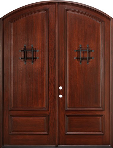 8'0" Tall Mahogany Arch Top Prehung Double Wood Door Unit with Speakeasy Grilles