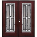 Full Lite Pre-finished Mahogany Fiberglass Prehung Double Door Unit #297