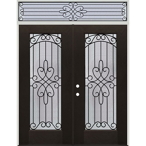 Full Lite Grille Finished Fiberglass Prehung Double Door Unit with Transom #299