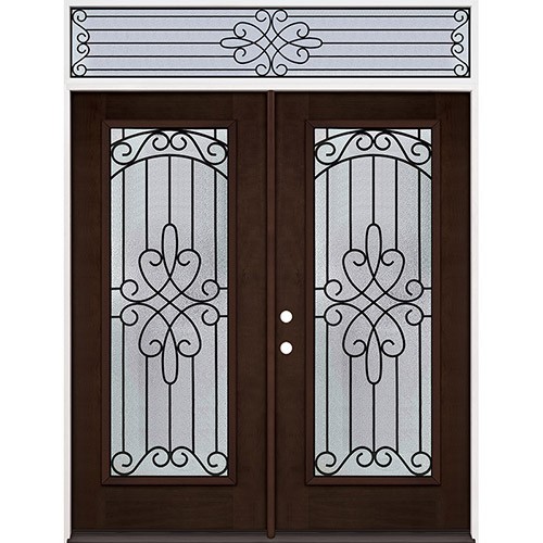 Full Lite Espresso Mahogany Prehung Wood Double Door Unit with Transom #299