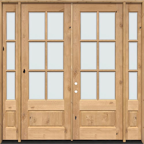 8'0" Tall 6-Lite Low-E Knotty Alder Prehung Wood Double Door Unit with Sidelites
