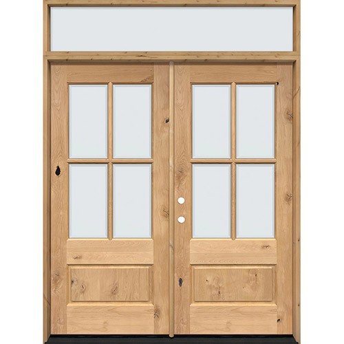 4-Lite Low-E Knotty Alder Prehung Wood Double Door Unit with Transom