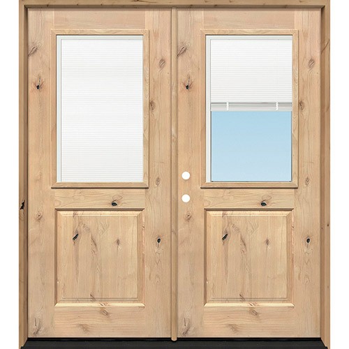 Half Mini-blind Knotty Alder Wood Double Door Unit
