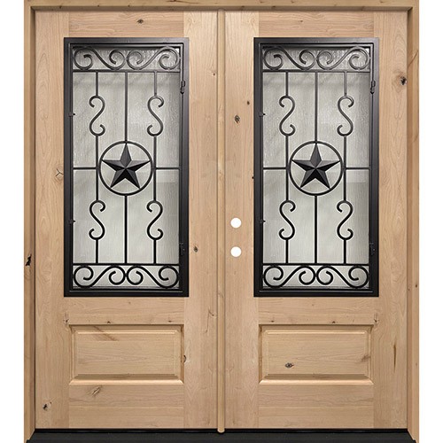 3/4 Iron Grille Texas Star Knotty Alder Wood Double Door Unit #75