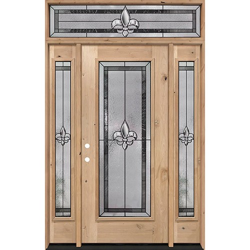 Fleur-de-lis Full Lite Knotty Alder Wood Door Unit with Transom #84