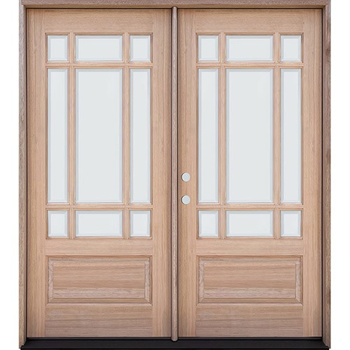 9-Lite Prairie Low-E Unfinished Mahogany Wood Double Door Unit