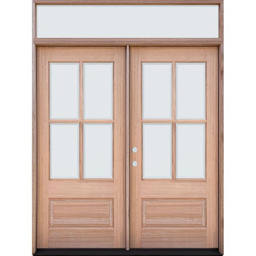 4-Lite Low-E Mahogany Prehung Wood Double Door Unit with Transom