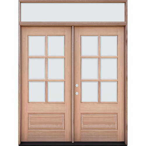 6-Lite Low-E Mahogany Prehung Wood Double Door Unit with Transom