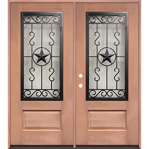 3/4 Iron Grille Texas Star Mahogany Wood Double Door Unit #75