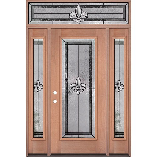 Fleur-de-lis Full Lite Mahogany Wood Door Unit with Transom #84