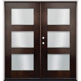 Modern 3-Lite Espresso Mahogany Prehung Double Wood Door Unit #EM303