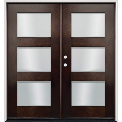 Modern 3-Lite Espresso Mahogany Prehung Double Wood Door Unit #EM303