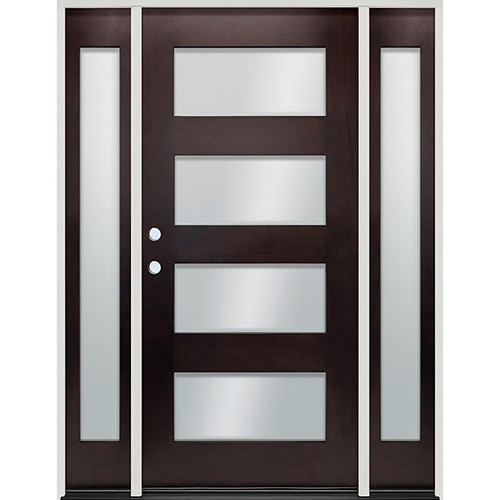 Modern 4-Lite Espresso Mahogany Prehung Wood Door Unit with Sidelites #EM304 Modern 4-Lite Espresso Mahogany Prehung Wood Door Unit with Sidelites #EM304