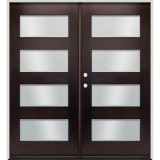 Modern 4-Lite Espresso Mahogany Prehung Double Wood Door Unit #EM304