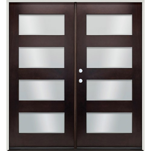 Modern 4-Lite Espresso Mahogany Prehung Double Wood Door Unit #EM304