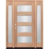 Modern 4-Lite Unfinished Mahogany Wood Door Unit with Sidelites