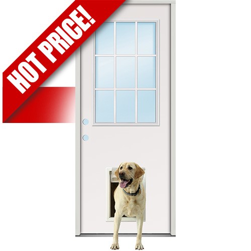 9-Lite Fiberglass Prehung Door Unit with Pet Door Installed