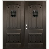 Rustic Finished Fiberglass Prehung Double Door Unit with Metal Speakeasy & Clavos