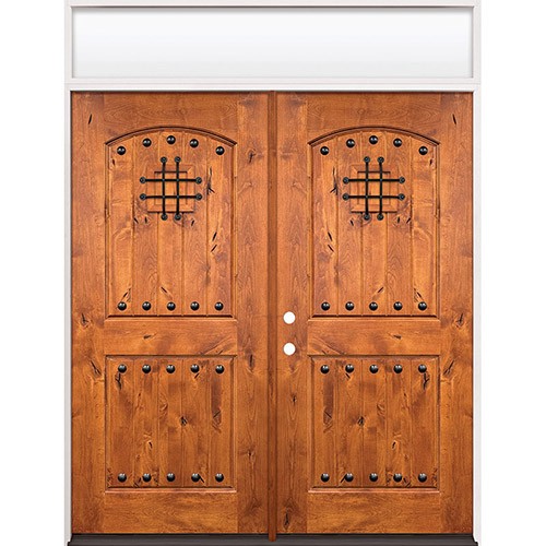Rustic Knotty Alder Prehung Wood Double Door Unit with Transom #20