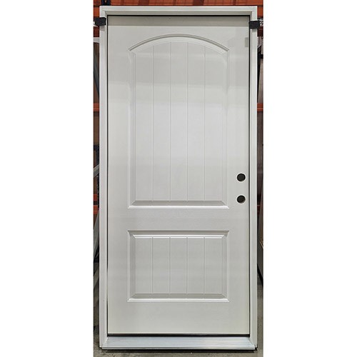 2-Panel Arch V-Groove Fiberglass Prehung Door Unit